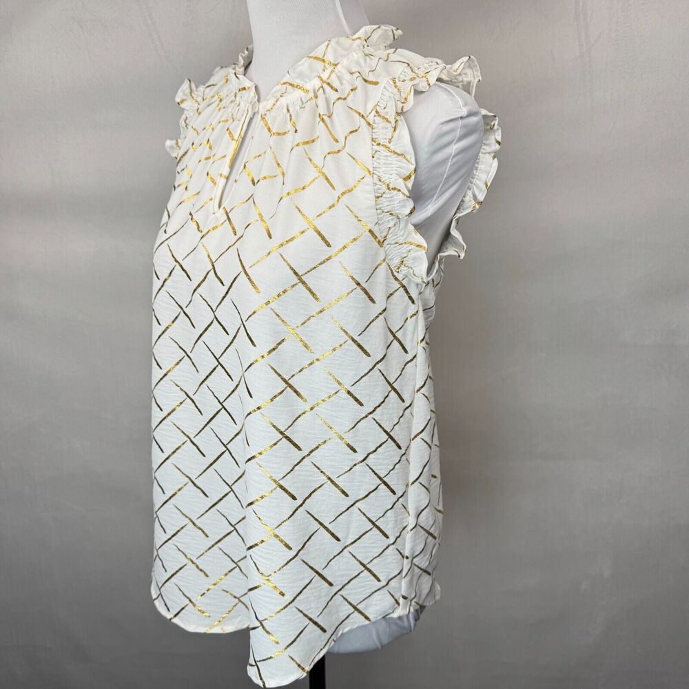 Como Black Ladies Sz S Blouse White Gold Print ruched round neck keyhole - Picture 2 of 7